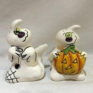 BLUE SKY Clayworks Halloween GHOST JACK-O-LANTERN Spider Salt Pepper Shaker Set